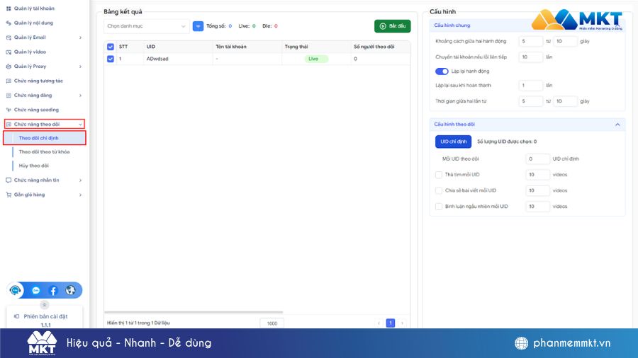Giao diện tính năng follow TikTok của MKT TikPro